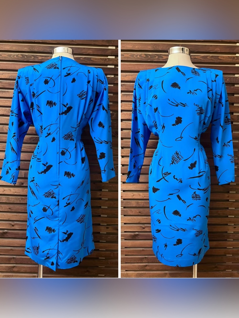 1980s 80s Vintage Liz Claiborne Blue & Black Pleated 3/4 Sleeve Dress - 6P